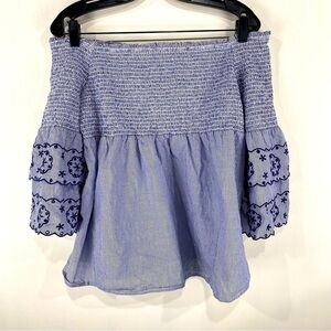 BeachLunchLounge Striped‎ Smocked Eyelet Ruffle Sleeve Shirt Top Blouse Large